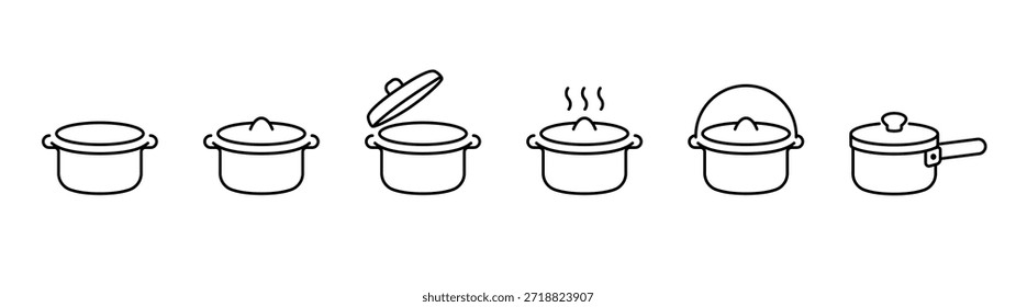 Icono de contorno de olla de cocción. Símbolos de línea de utensilios de cocina y utensilios de cocina. Cacerola con tapa para cocinar alimentos, hervir y calentar. Ilustración de utensilios de cocina para conceptos culinarios y domésticos.
