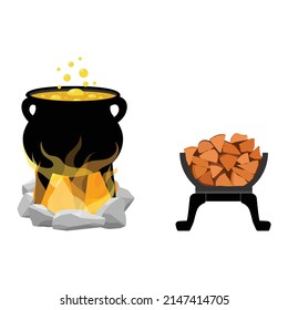Cooking in pot over campfire and fireplace stand full of firewood isolated on white background. Camping pot over bonfire. Vector illustration