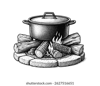 Cooking Pot Over Campfire Hand Drawn Vector