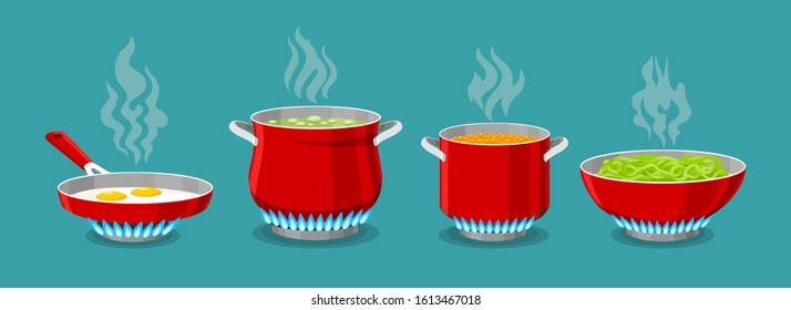 Cooking pot and pan on gas stove. Boiled water in pots, pasta in saucepan and scrambled eggs in dripping pan, vector illustration for kitchen cook