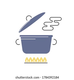 Boiling water in pan. Big black pot. Vector flat cartoon illustration Stock  Vector