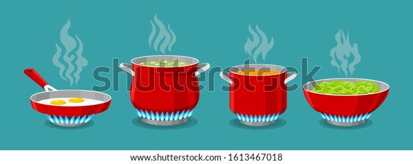 Cooking pot and pan on gas stove. Boiled water in\
pots, pasta in saucepan and scrambled eggs in dripping pan, vector\
illustration for kitchen\
cook