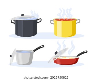 Cooking pot and pan set. Kitchen utensils for cooking. Scrambled eggs, soup and water in bowl. Stickers for banners and posters. Cartoon realistic vector collection isolated on white background