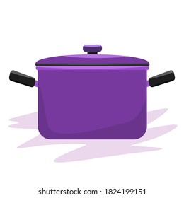 Cooking pot or pan with side view and cover on it. Flat and solid color vector illustration.