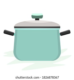 Cooking pot or pan with side view and cover on it. Flat and solid color vector illustration.