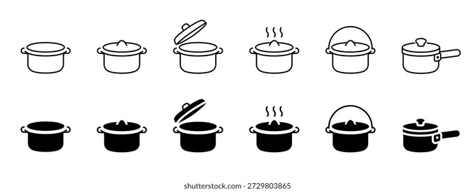 Cooking pot and pan vector icon set in outline and solid styles. Kitchen cookware symbols with lid and steam for food, recipe, chef and restaurant projects. Perfect for web, app, UI and commercials.
