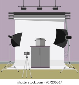 Cooking pot in photo studio. Flat vector stock illustration