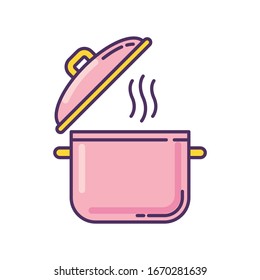 Cooking pot pink RGB color icon. Recipe for casserole. Saucepan with steam. Cute kitchenware. Open pan lid. Hot boiling soup. Prepare broth dish. Cuisine, culinary. Isolated vector illustration