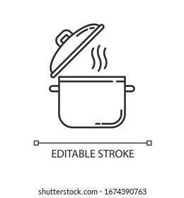 Cooking Pot Pixel Perfect Linear Icon. Recipe For Casserole. Saucepan With Steam. Thin Line Customizable Illustration. Contour Symbol. Vector Isolated Outline Drawing. Editable Stroke