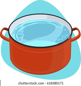 Cooking pot. Red pot with hot clear water.Isolated. On blue background.