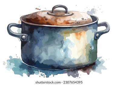 Cooking Pot Sauce Pan Pot watercolor painting Abstract background.