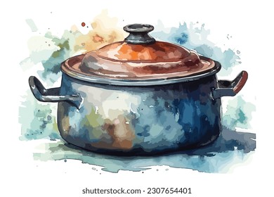 Cooking Pot Sauce Pan Pot watercolor painting Abstract background.