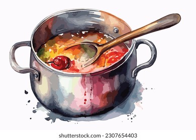 Cooking Pot Sauce Pan Pot watercolor painting Abstract background.