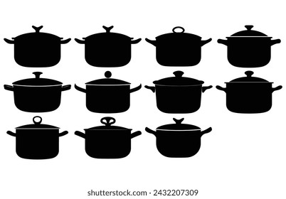 cooking pot silhouette, Kitchen cooking pots vector icon set
