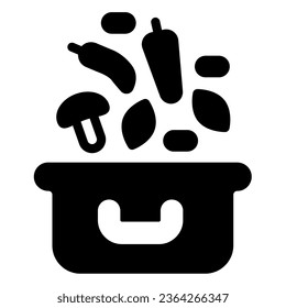 Cooking pot and soup ingredients solid icon, englishbreakfast concept, soup ingredients vector sign on white background, pot glyph style for mobile concept and web design. Vector graphics
