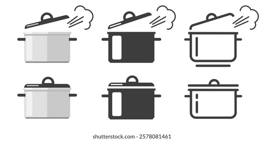 Cooking pot steam icon, hot boiling saucepan set line stroke outline simple minimal pictogram graphic illustration set, restaurant cookware pan silhouette modern linear solid flat cartoon image