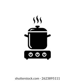 Cooking Pot with Steam on Stove Icon, Black Filled Kitchen Symbol