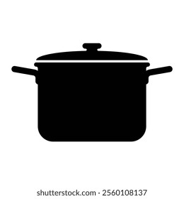 Cooking pot vector icon. Hot pot illustration for kitchenware, culinary tools, and recipe design. Simple black silhouette isolated on white background.