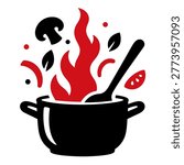 A cooking pot with vegetables, flames, and a spoon inside. The image features an abstract, minimalist style with vibrant red flames rising from the pot, symbolizing heat and cooking. The vegetables, like mushrooms and tomatoes, are represented in a simple, stylized way, along with a stirring spoon in the pot. The bold, black pot contrasts with the fiery red, and the vegetables add a touch of natural freshness to the image.