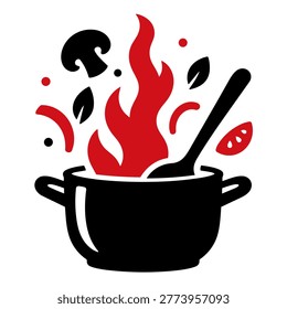 A cooking pot with vegetables, flames, and a spoon inside. The image features an abstract, minimalist style with vibrant red flames rising from the pot, symbolizing heat and cooking. The vegetables, like mushrooms and tomatoes, are represented in a simple, stylized way, along with a stirring spoon in the pot. The bold, black pot contrasts with the fiery red, and the vegetables add a touch of natural freshness to the image.