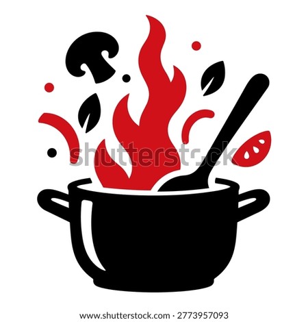 A cooking pot with vegetables, flames, and a spoon inside. The image features an abstract, minimalist style with vibrant red flames rising from the pot, symbolizing heat and cooking. The vegetables, like mushrooms and tomatoes, are represented in a simple, stylized way, along with a stirring spoon in the pot. The bold, black pot contrasts with the fiery red, and the vegetables add a touch of natural freshness to the image.