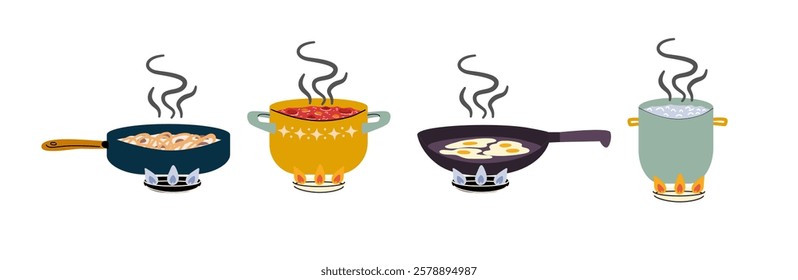 Cooking. Pots and pans for baking on gas burners, cooking soup, fried eggs and other dishes on the stove. Lunch or dinner on a gas stove.