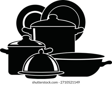 Kochtöpfe, Pfannen und Teller Küchenutensilien, grafisches Symbol einzeln auf weißem Hintergrund, Vektorgrafik, Illustration