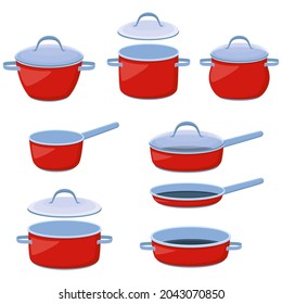 Cooking pots, saucepans and frying pans. Set of kitchen utensils for boiling and frying, vector illustration