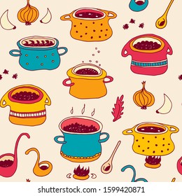 Cooking pots vector seamless pattern in doodle style, isolated on white background, kitchen cookware hand drawn illustration with soup pots, spoons, spices