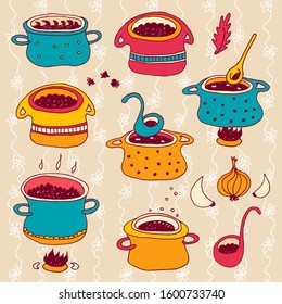 Cooking pots vector set isolated on beige floral background, kitchen cookware hand drawn set with spoons, spices