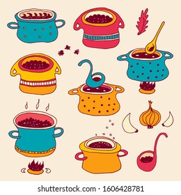 Cooking pots vector set isolated on beige background, kitchen cookware hand drawn set with spoons, spices