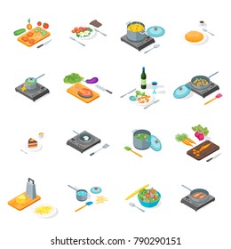 Cooking or Preparation Food Icons Set Isometric View Include of Knife, Utensil and Vegetable. Vector illustration for Kitchen, Restaurant