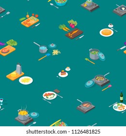 Cooking or Preparation Food Seamless Pattern Background Isometric View Include of Knife, Utensil and Vegetable. Vector illustration for Kitchen, Restaurant