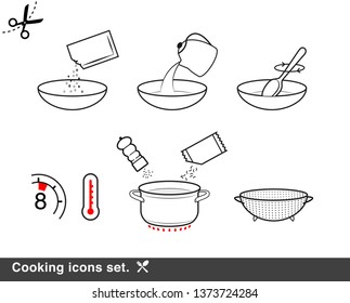 Cooking preparation icon set. Set of sign for detailed guideline. Vector elements on a white background. Ready for your design. EPS10.