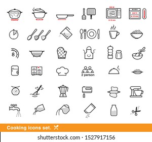 Juego de iconos de preparación de cocina. Conjunto de signos para directrices detalladas. Elementos vectoriales en un fondo blanco. Listo para su diseño. EPS10.	