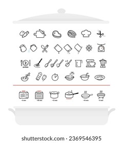 Cooking preparation icon set. Set of sign for detailed guideline. Vector elements on a white background. Ready for your design. EPS10.	