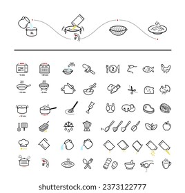 Juego de iconos de preparación de cocina. Conjunto de signos para directrices detalladas. Elementos vectoriales en un fondo blanco. Listo para tu diseño. EPS10.	