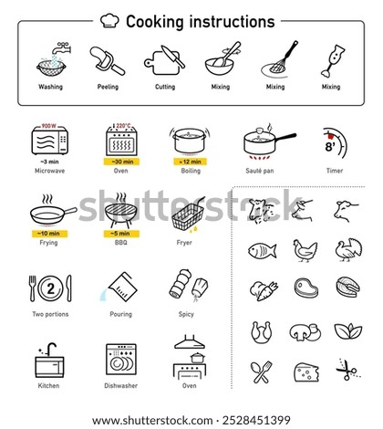 Cooking and preparation instructions. The outline icons are well scalable and editable. Contrasting elements are good for different backgrounds. EPS10.	