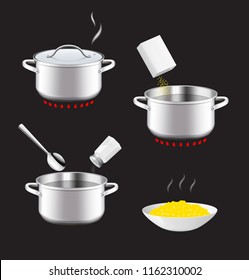 Cooking and preparation instructions. Set for detailed guideline. Vector illustrations on a black background. Ready for your design. EPS10.