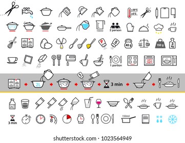 Cooking and preparation instructions. Set of sign for detailed guideline. Vector elements on a white background. Ready for your design. EPS10.