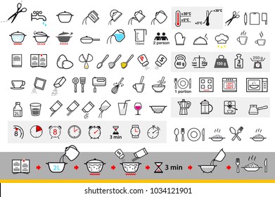 Cooking and preparation instructions. Set of sign for detailed guideline. Vector elements on a white background. Ready for your design. EPS10.