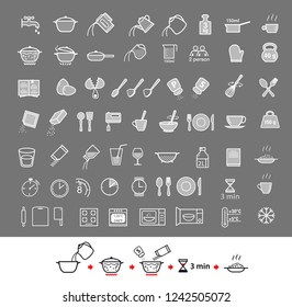 Cooking and preparation instructions. Set of sign for detailed guideline. Vector elements on a gray background. Ready for your design. EPS10.