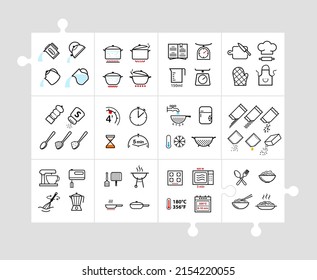 Cooking and preparation instructions. Set of sign for detailed guideline. Vector elements on a color background. Ready for your design.	