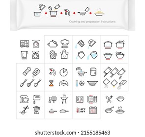 Cooking and preparation instructions. Set of sign for detailed guideline. Vector elements on a color background. Ready for your design.	