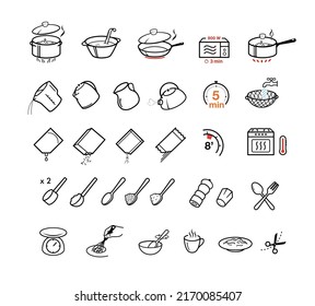 Cooking and preparation instructions. Set of sign for detailed guideline. Vector elements on a color background. Ready for your design.	