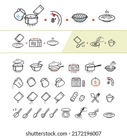 Cooking and preparation instructions. Set of sign for detailed guideline. Vector elements on a color background. Ready for your design.	