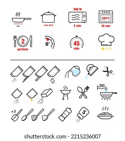 Instrucciones de cocción y preparación. Conjunto de signos para directrices detalladas. Elementos vectoriales en un fondo blanco. Listo para tu diseño.	