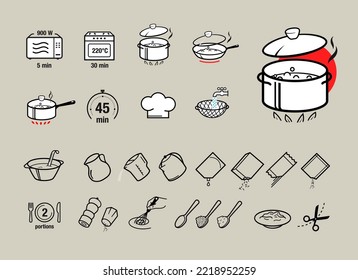 Cooking and preparation instructions. Set of sign for detailed guideline. Vector elements. Ready for your design. EPS10.