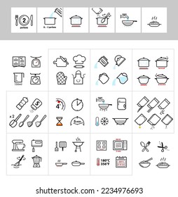 Anleitung zum Kochen und zur Zubereitung. Zeichensatz für detaillierte Leitlinie. Vektorelemente. Bereit für Ihr Design. EPS10.