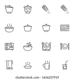 Cooking and preparation line icons set. linear style symbols collection, cooking instructions outline signs pack. vector graphics. Set includes icons as saucepan, boiling pan, microwave oven, cookbook